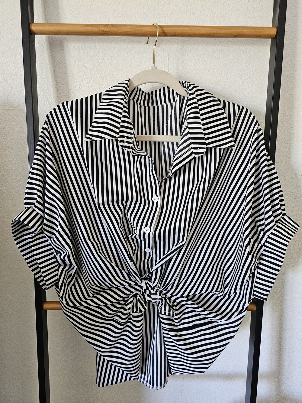 Black and White Striped Button-Up Tie-Front Shirt